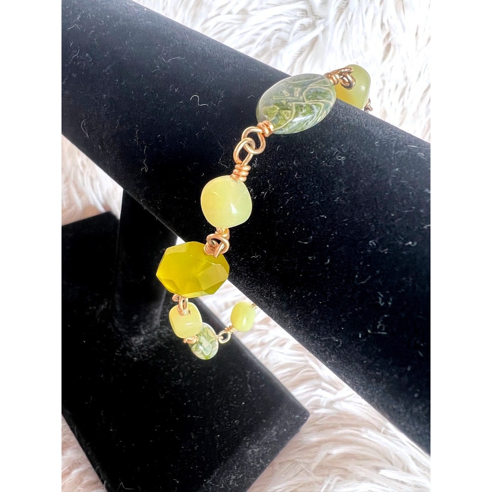 Artisan Glass Stone‎ Bead Bracelet Olive Green Yellow Copper Wire Wrapped 7.5"